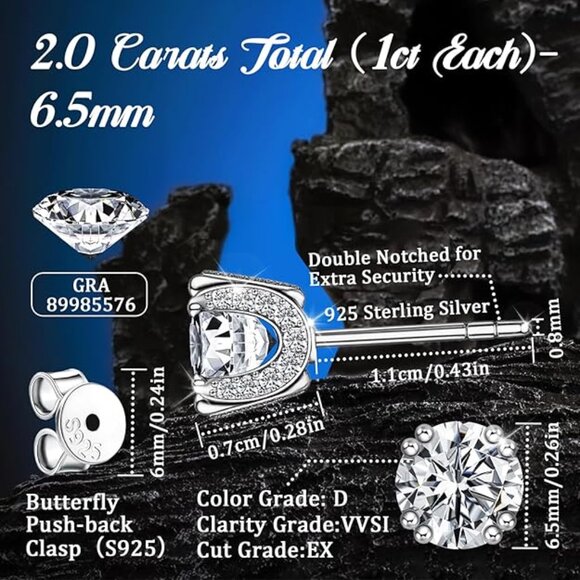 Moissanite Stud Earrings 2 Carat S925 Sterling Silver D Color VVS1 Clarity NWT - Picture 3 of 7